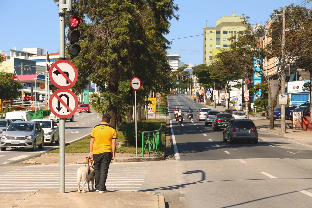Imagem de um usuário caminhando junto a seu cão-guia pela cidade, durante o treinamento em dupla