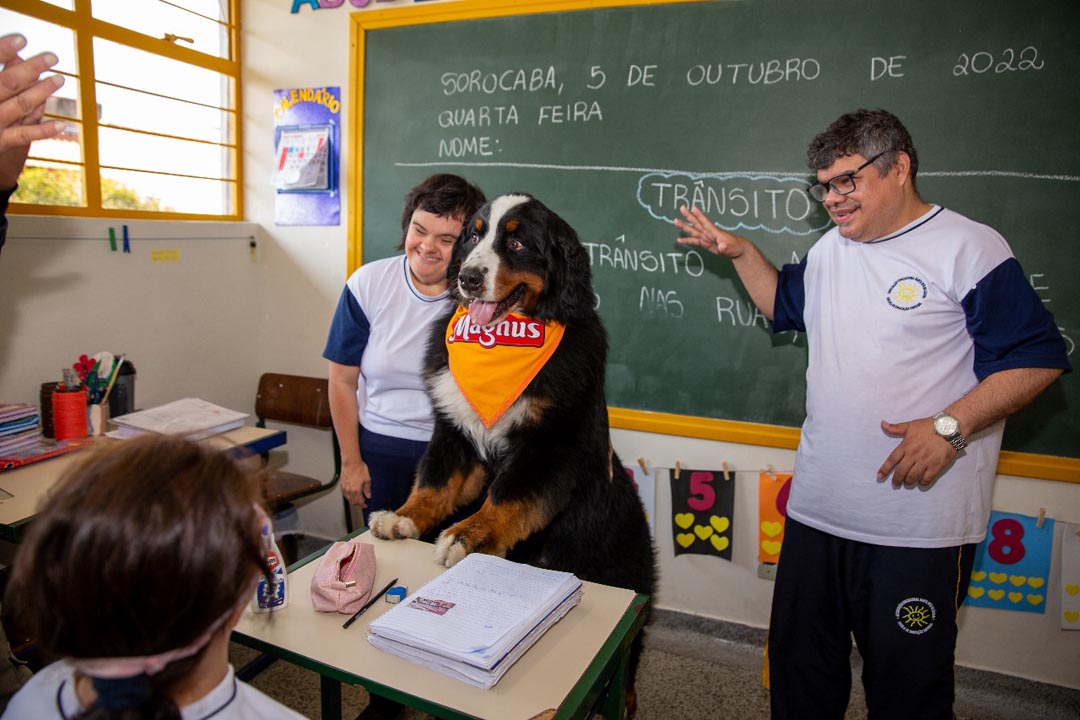 Na imagem o cão Magnus se apoia na mesa do centro de educação especial com dois alunos sorrindo