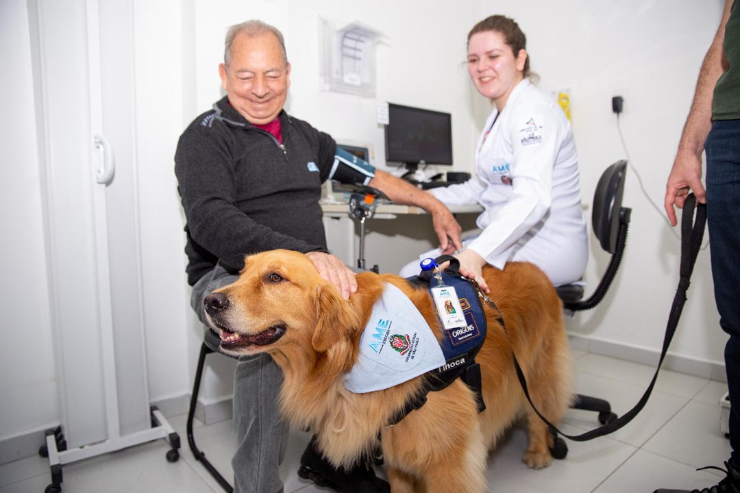 Na imagem senhor idoso faz carinho no cachorro da Pet Terapia enquanto uma médica afere sua pressão, dentro de um consultório medico