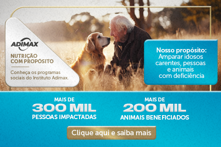 Na imagem um homem idoso com seu cão também idoso, se olhando. com a mensagem: Nosso propósito: Amparar idosos carentes, pessoas e animais com deficiência. E os números: mais de 300 mil pessoas impactadas e mais de 200 mil animais beneficiados. Clique e saiba mais